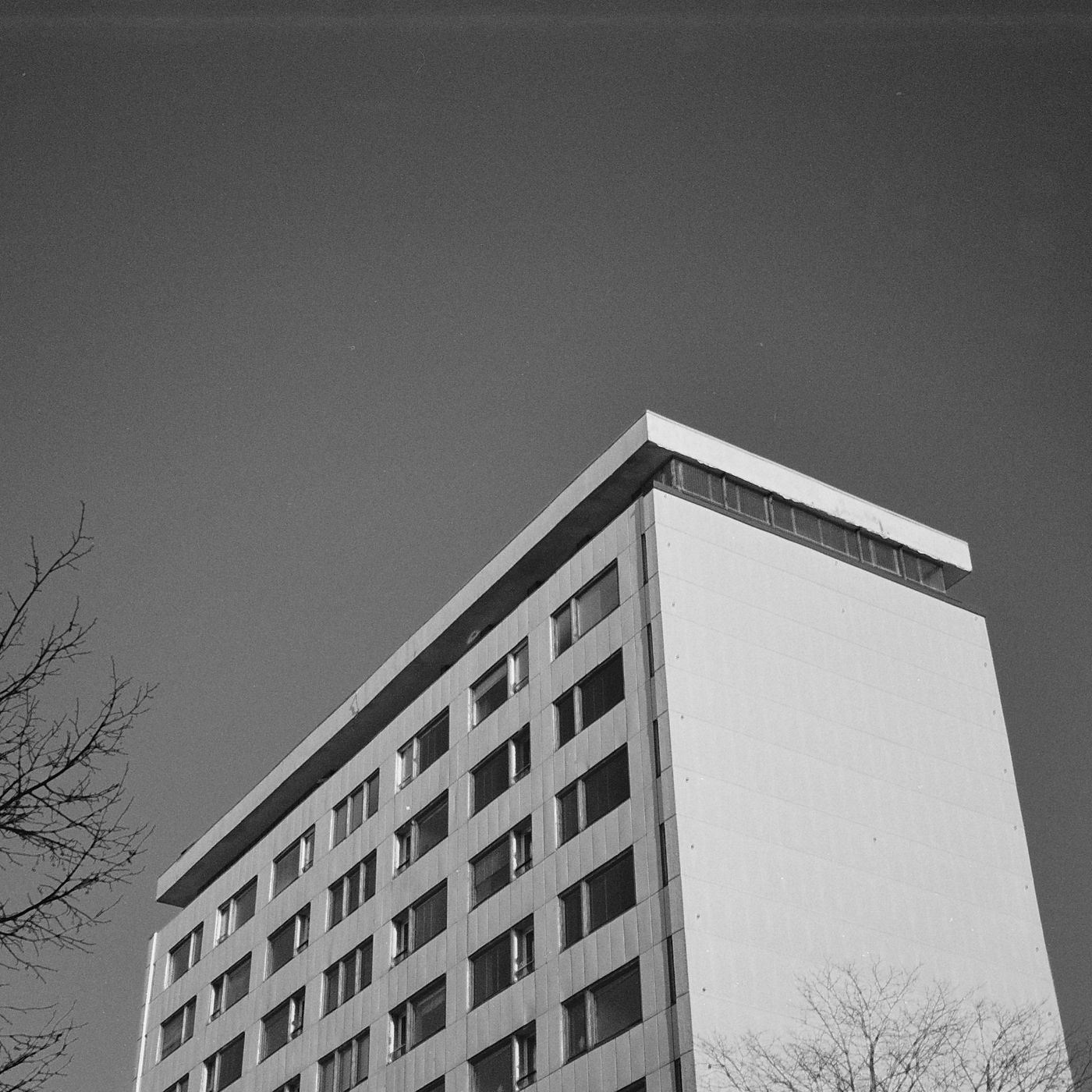Modernist apartment block against a clear sky, with bare winter branches